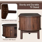 Meuble TV moderne de 75 po avec tiroir en rotin et portes coulissantes, console multimédia élégante en bois avec 2 armoires de rangement, marron foncé - HABITRIO