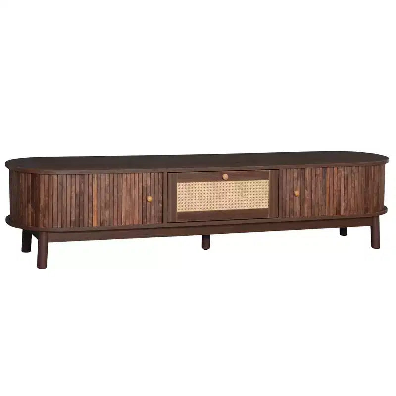 Meuble TV moderne de 75 po avec tiroir en rotin et portes coulissantes, console multimédia élégante en bois avec 2 armoires de rangement, marron foncé - HABITRIO