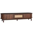Meuble TV moderne de 75 po avec tiroir en rotin et portes coulissantes, console multimédia élégante en bois avec 2 armoires de rangement, marron foncé - HABITRIO