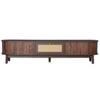 Meuble TV moderne de 75 po avec tiroir en rotin et portes coulissantes, console multimédia élégante en bois avec 2 armoires de rangement, marron foncé - HABITRIO