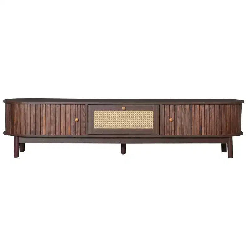 Meuble TV moderne de 75 po avec tiroir en rotin et portes coulissantes, console multimédia élégante en bois avec 2 armoires de rangement, marron foncé - HABITRIO