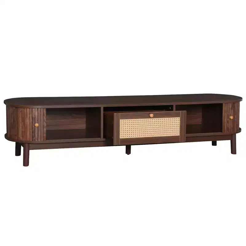 Meuble TV moderne de 75 po avec tiroir en rotin et portes coulissantes, console multimédia élégante en bois avec 2 armoires de rangement, marron foncé - HABITRIO