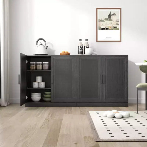 Bahut à grain de bois noir de 31x62x16, organisateur de rangement avec étagères réglables et portes en rotin pour cuisine, chambre, salon/salle à manger