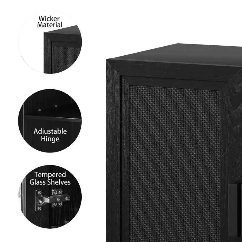 Bahut à grain de bois noir de 31x62x16, organisateur de rangement avec étagères réglables et portes en rotin pour cuisine, chambre, salon/salle à manger