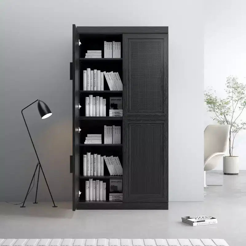 Bahut à grain de bois noir de 31x62x16, organisateur de rangement avec étagères réglables et portes en rotin pour cuisine, chambre, salon/salle à manger