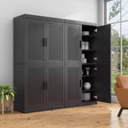 Meuble buffet en bois noir 31x124x16, organisateur de rangement avec étagères réglables et portes en rotin pour cuisine, chambre, salon/salle à manger