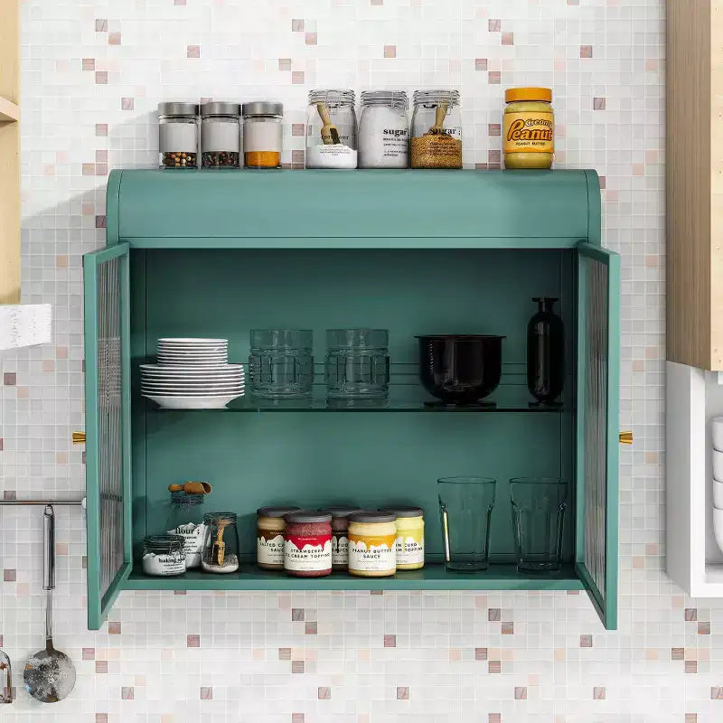 Chic Crate – Armoire murale 2 portes en métal vert armée avec étagères en verre trempé | Pour plusieurs pièces | Salle de bain, cuisine, bureau