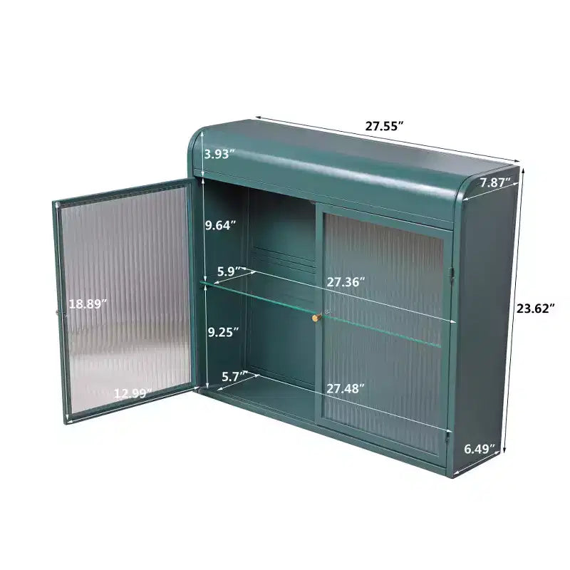 Chic Crate – Armoire murale 2 portes en métal vert armée avec étagères en verre trempé | Pour plusieurs pièces | Salle de bain, cuisine, bureau