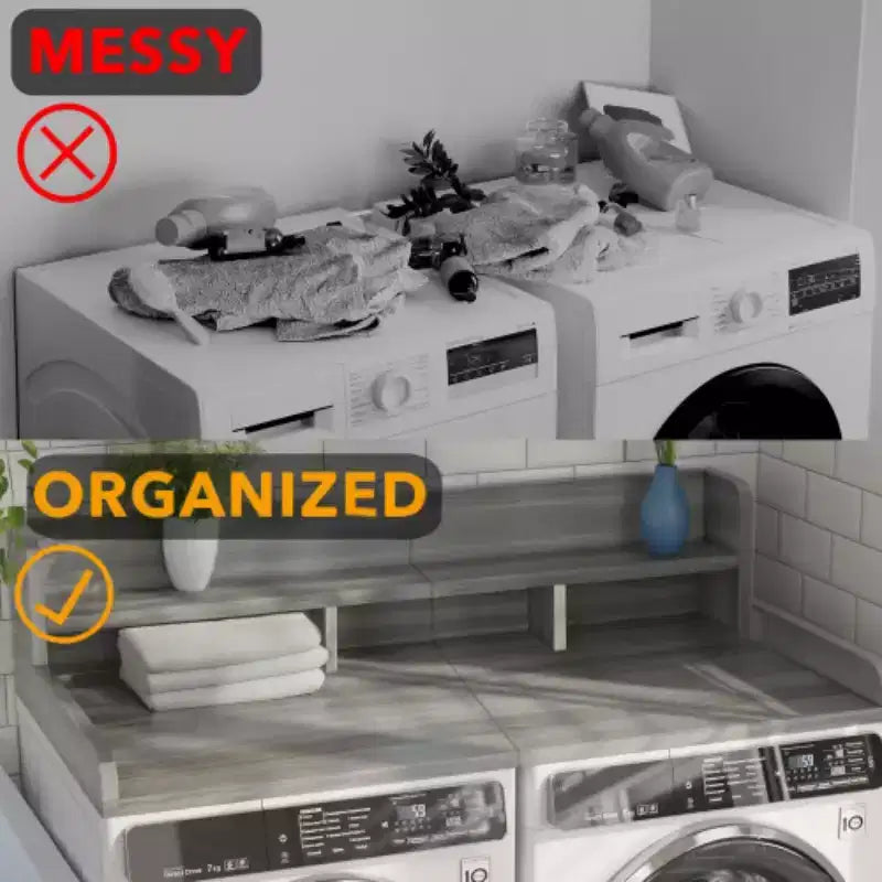 Plan de travail pour lave-linge séchant, plan de travail pour buanderie avec étagère de rangement à 2 niveaux et rebords, protection supérieure pour lave-linge et sèche-linge