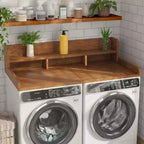 Plan de travail pour lave-linge séchant, plan de travail pour buanderie avec étagère de rangement à 2 niveaux et rebords, protection supérieure pour lave-linge et sèche-linge