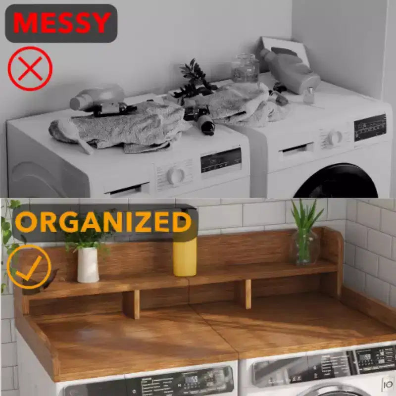 Plan de travail pour lave-linge séchant, plan de travail pour buanderie avec étagère de rangement à 2 niveaux et rebords, protection supérieure pour lave-linge et sèche-linge