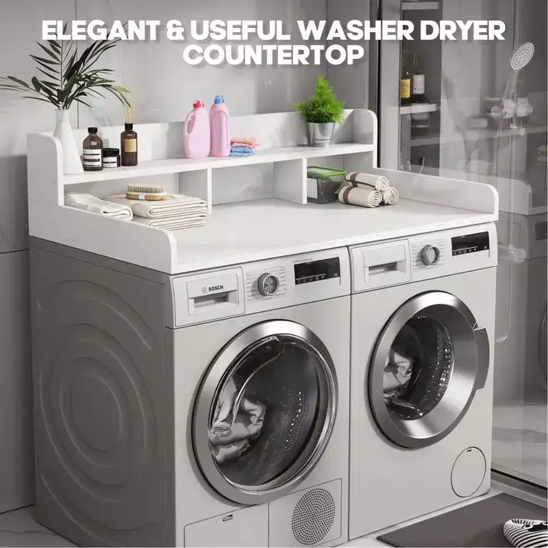 Plan de travail pour lave-linge séchant, plan de travail pour buanderie avec étagère de rangement à 2 niveaux et rebords, protection supérieure pour lave-linge et sèche-linge