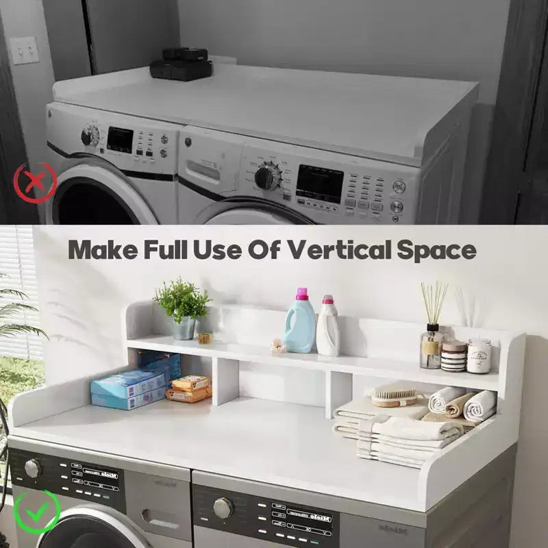 Plan de travail pour lave-linge séchant, plan de travail pour buanderie avec étagère de rangement à 2 niveaux et rebords, protection supérieure pour lave-linge et sèche-linge