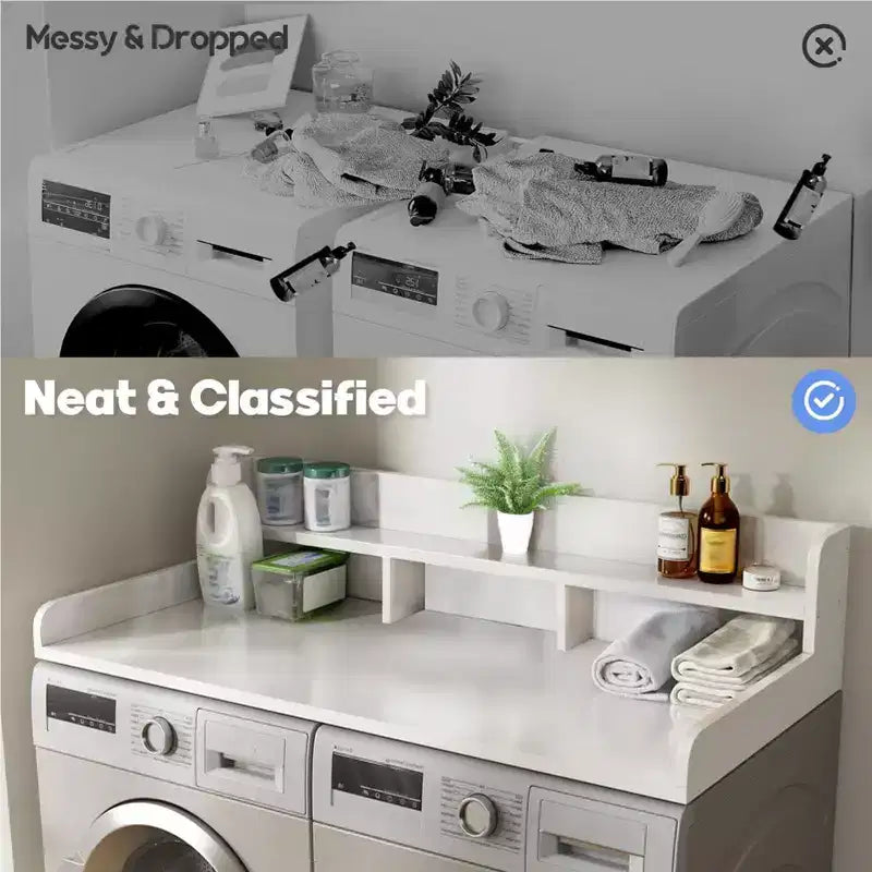 Plan de travail pour lave-linge séchant, plan de travail pour buanderie avec étagère de rangement à 2 niveaux et rebords, protection supérieure pour lave-linge et sèche-linge