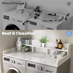 Plan de travail pour lave-linge séchant, plan de travail pour buanderie avec étagère de rangement à 2 niveaux et rebords, protection supérieure pour lave-linge et sèche-linge