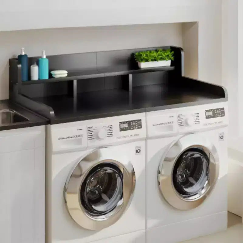 Plan de travail pour lave-linge séchant, plan de travail pour buanderie avec étagère de rangement à 2 niveaux et rebords, protection supérieure pour lave-linge et sèche-linge