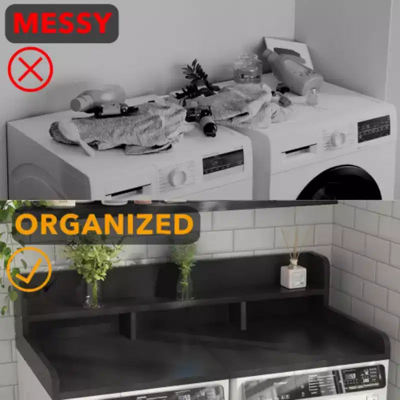 Plan de travail pour lave-linge séchant, plan de travail pour buanderie avec étagère de rangement à 2 niveaux et rebords, protection supérieure pour lave-linge et sèche-linge