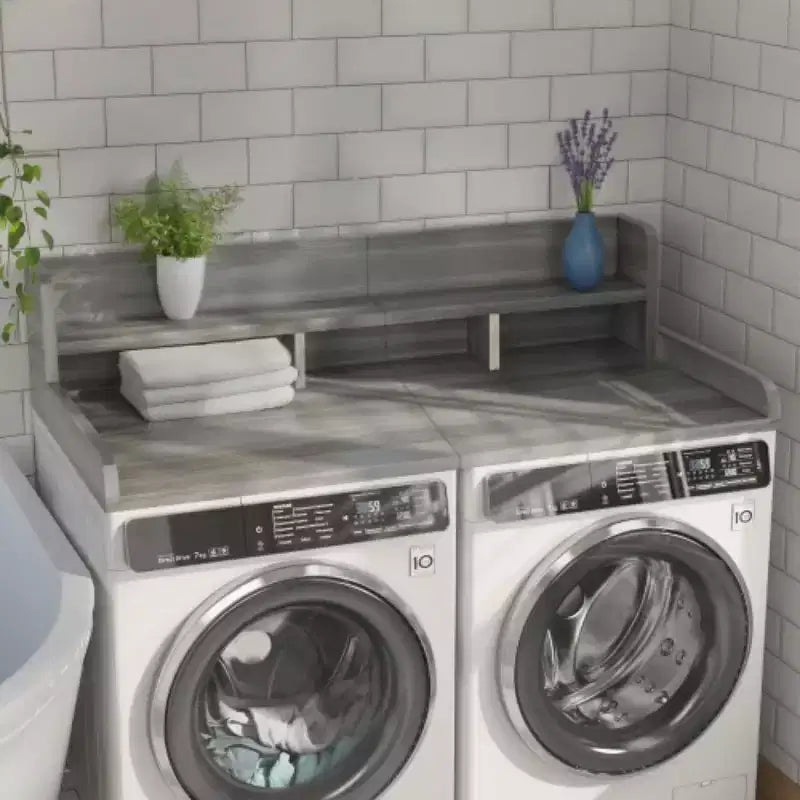 Plan de travail pour lave-linge séchant, plan de travail pour buanderie avec étagère de rangement à 2 niveaux et rebords, protection supérieure pour lave-linge et sèche-linge