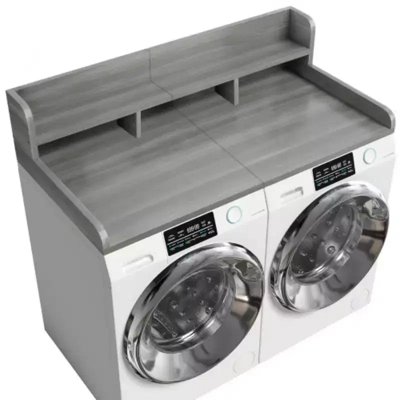 Plan de travail pour lave-linge séchant, plan de travail pour buanderie avec étagère de rangement à 2 niveaux et rebords, protection supérieure pour lave-linge et sèche-linge