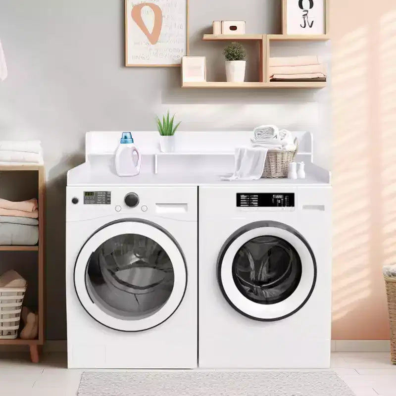 Plan de travail pour lave-linge séchant, plan de travail pour buanderie avec étagère de rangement à 2 niveaux et rebords, protection supérieure pour lave-linge et sèche-linge