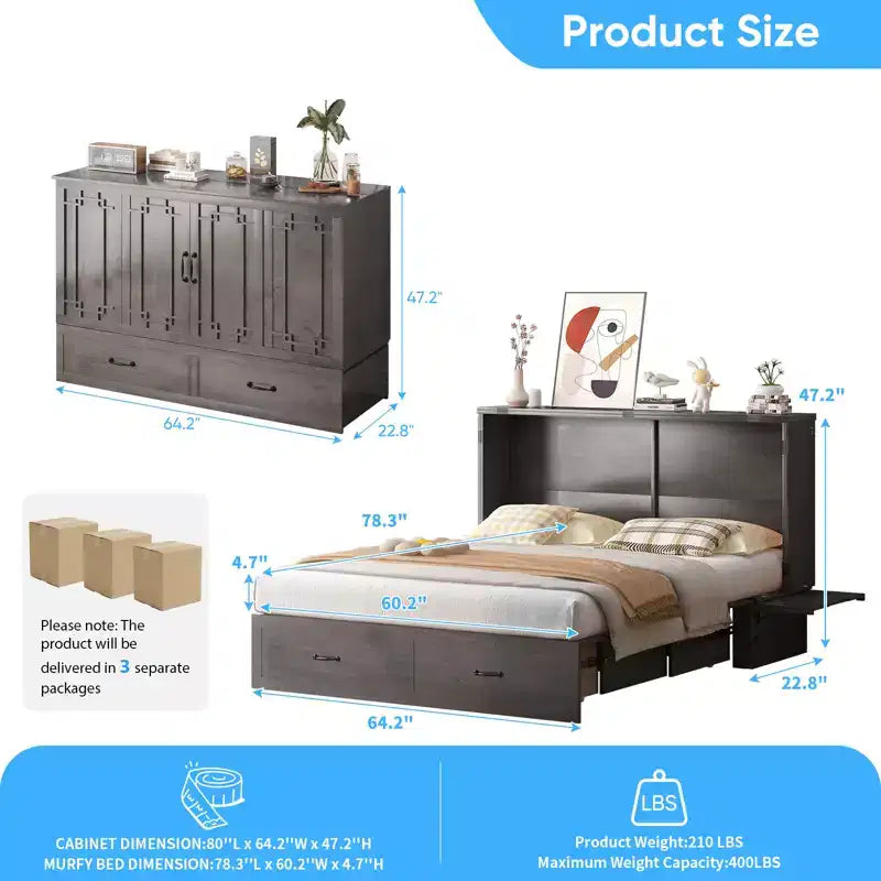 Lit escamotable Mjkone Queen avec matelas, lit-armoire cube pliable et compact