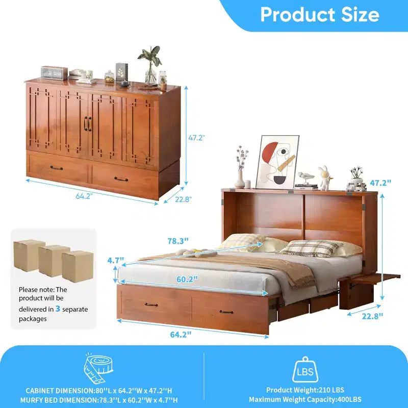 Lit escamotable Mjkone Queen avec matelas, lit-armoire cube pliable et compact