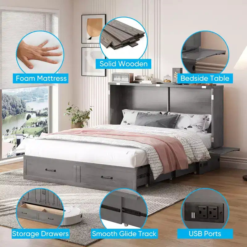Lit escamotable Mjkone Queen avec matelas, lit-armoire cube pliable et compact
