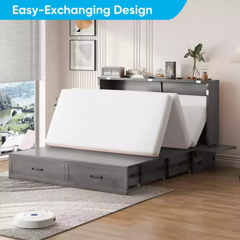 Lit escamotable Mjkone Queen avec matelas, lit-armoire cube pliable et compact