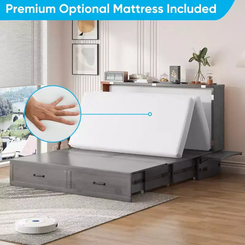Lit escamotable Mjkone Queen avec matelas, lit-armoire cube pliable et compact