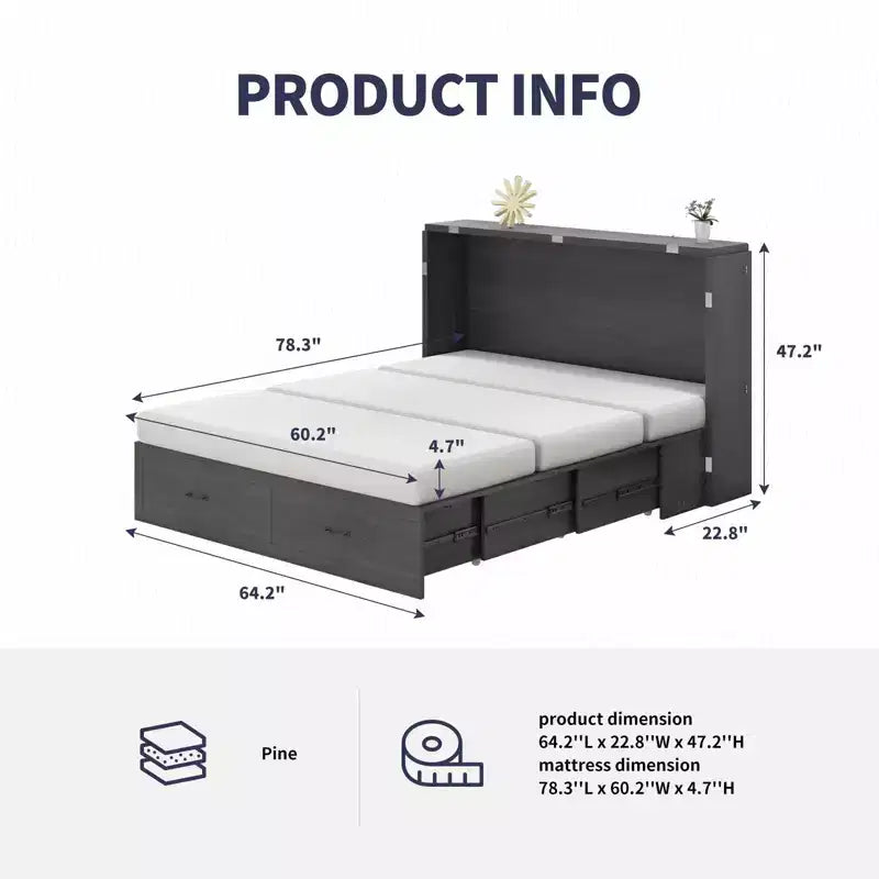 Lit escamotable Mjkone Queen avec matelas, lit-armoire cube pliable et compact