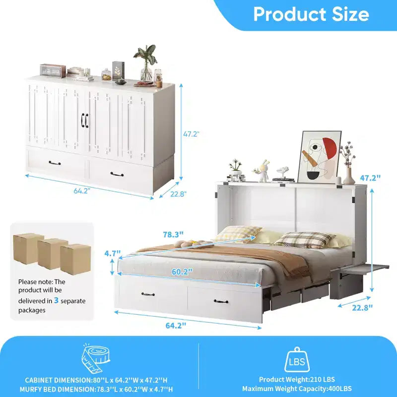 Lit escamotable Mjkone Queen avec matelas, lit-armoire cube pliable et compact