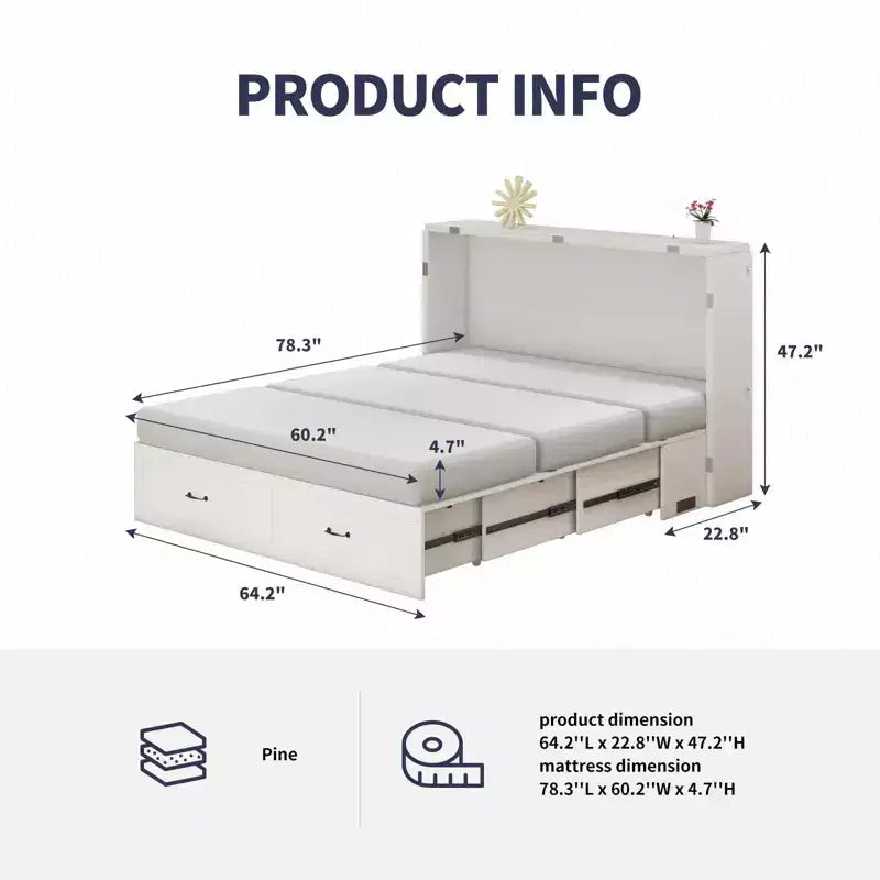 Lit escamotable Mjkone Queen avec matelas, lit-armoire cube pliable et compact