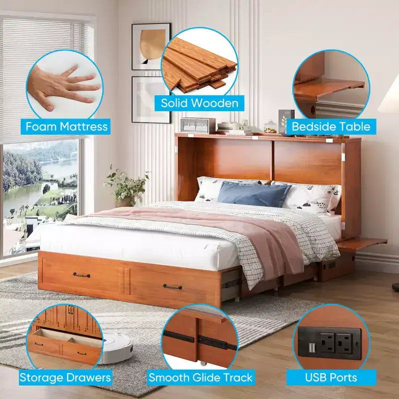 Lit escamotable Mjkone Queen avec matelas, lit-armoire cube pliable et compact