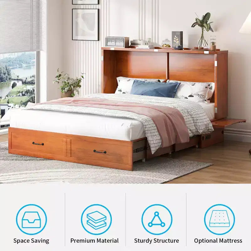 Lit escamotable Mjkone Queen avec matelas, lit-armoire cube pliable et compact