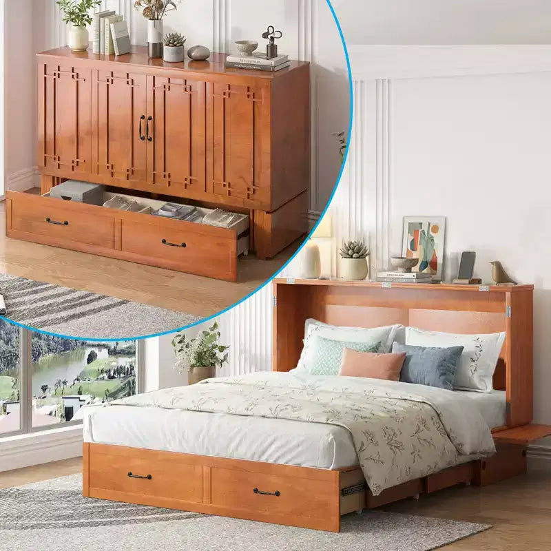 Mjkone Queen Murphy Bed with Mattress,Foldable Space-Saving Cube Cabinet Bed