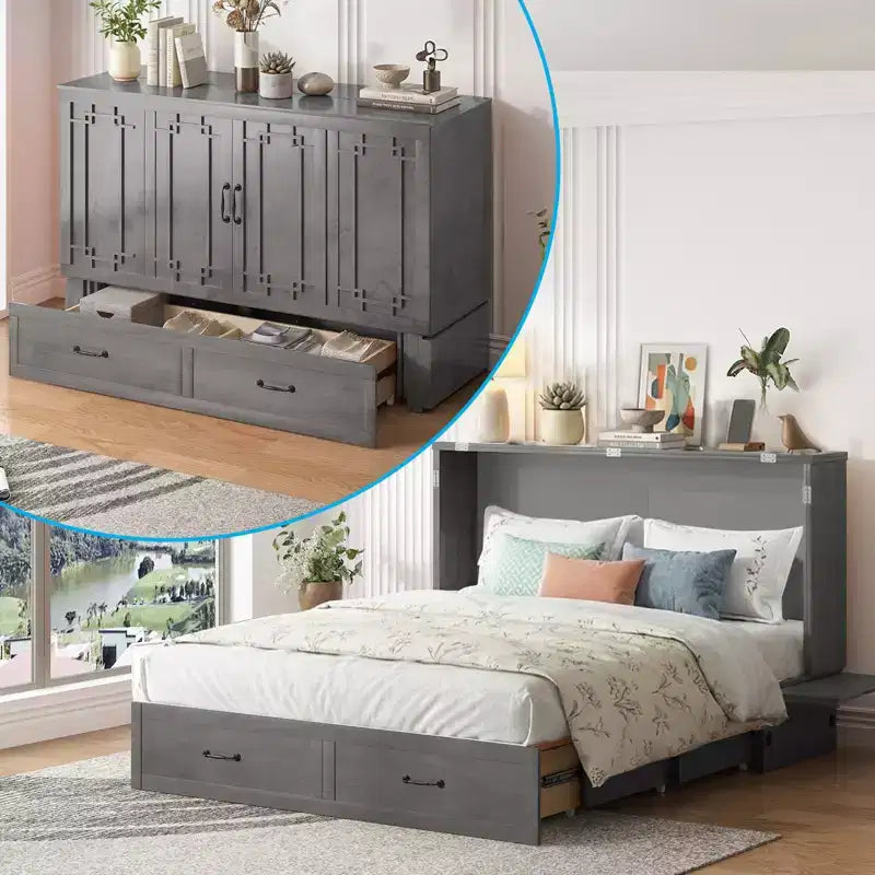 Lit escamotable Mjkone Queen avec matelas, lit-armoire cube pliable et compact