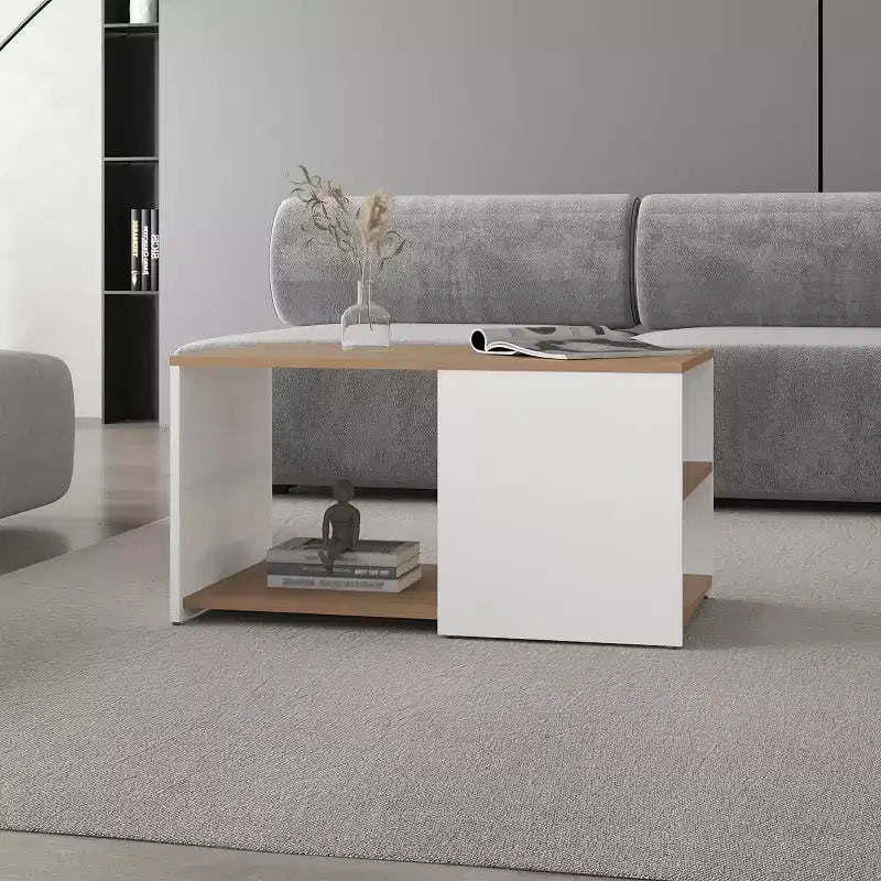 Table basse rectangulaire Okak avec étagère ouverte spacieuse et matériau durable pour salon/bureau, gain de place