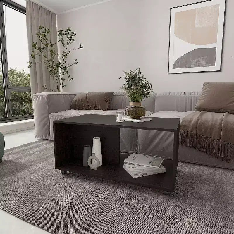 Table basse rectangulaire Okak avec étagère ouverte spacieuse et matériau durable pour salon/bureau, gain de place