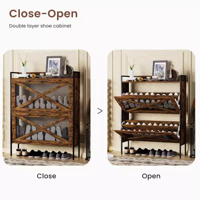 Chic Crate-2-Drawer Flip-Top Shoe Cabinet Étroit | Entrée | Pieds en métal | Marron rustique | 31,5inx8,5inx39,5in