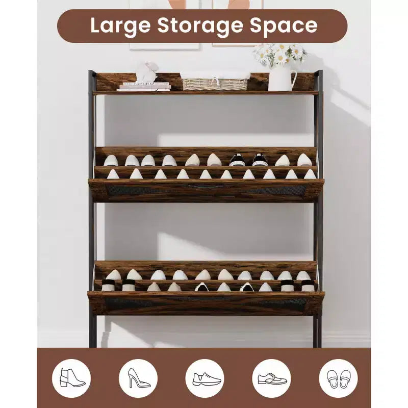 Chic Crate-2-Drawer Flip-Top Shoe Cabinet Étroit | Entrée | Pieds en métal | Marron rustique | 31,5inx8,5inx39,5in