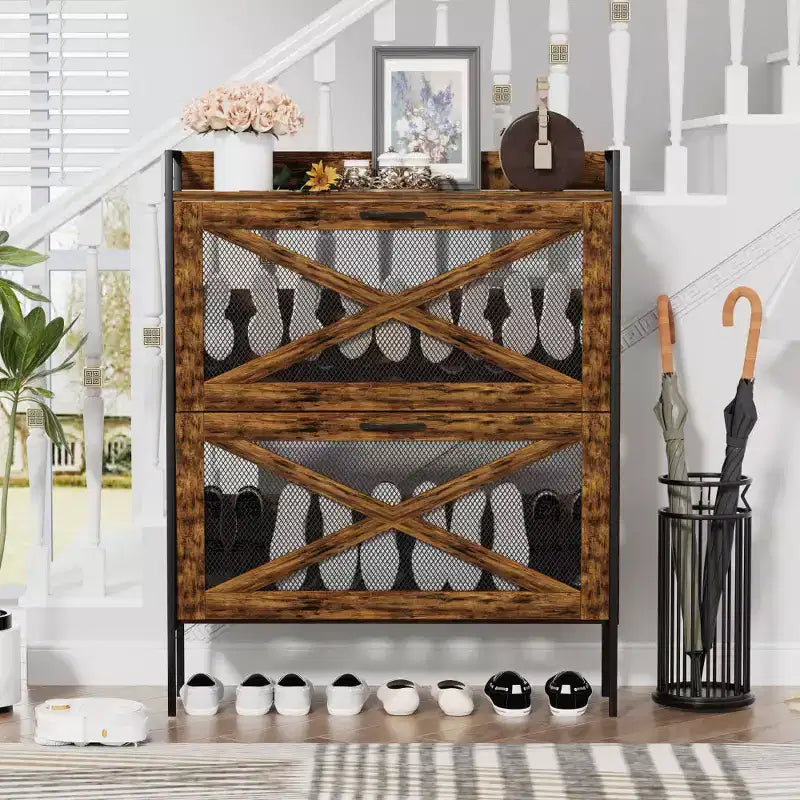 Chic Crate-2-Drawer Flip-Top Shoe Cabinet Étroit | Entrée | Pieds en métal | Marron rustique | 31,5inx8,5inx39,5in