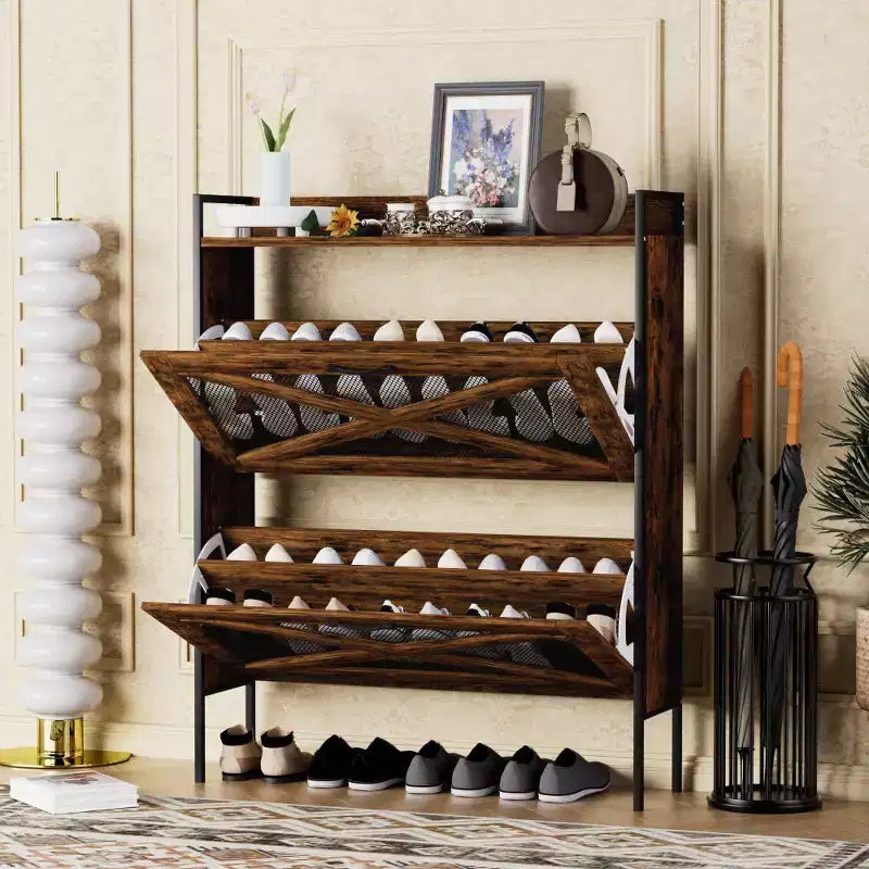 Chic Crate-2-Drawer Flip-Top Shoe Cabinet Étroit | Entrée | Pieds en métal | Marron rustique | 31,5inx8,5inx39,5in