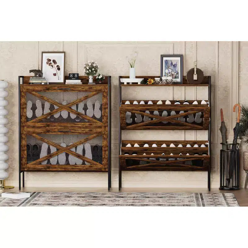Chic Crate-2-Drawer Flip-Top Shoe Cabinet Étroit | Entrée | Pieds en métal | Marron rustique | 31,5inx8,5inx39,5in