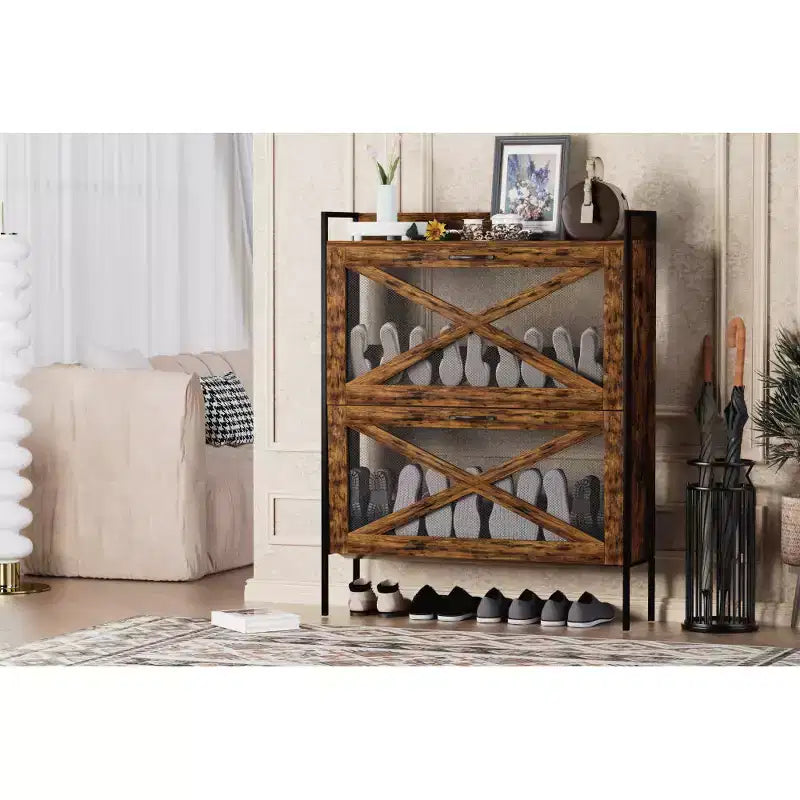 Chic Crate-2-Drawer Flip-Top Shoe Cabinet Étroit | Entrée | Pieds en métal | Marron rustique | 31,5inx8,5inx39,5in
