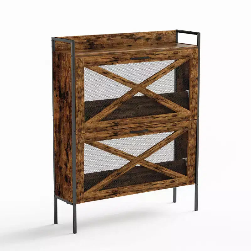 Chic Crate-2-Drawer Flip-Top Shoe Cabinet Étroit | Entrée | Pieds en métal | Marron rustique | 31,5inx8,5inx39,5in