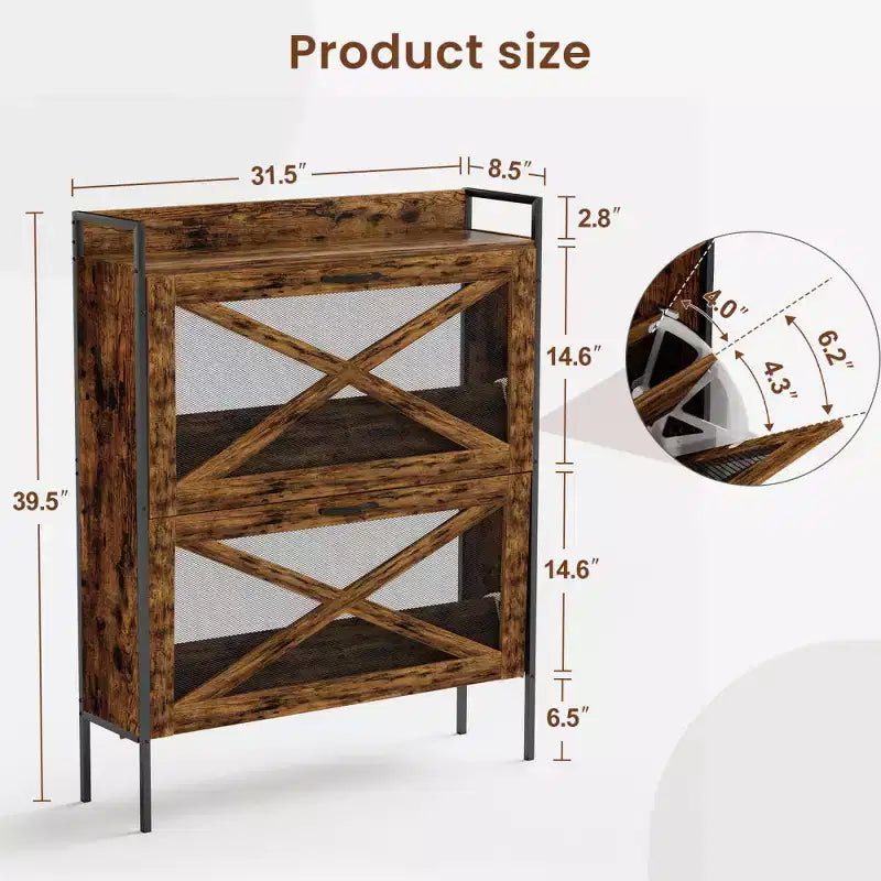Chic Crate-2-Drawer Flip-Top Shoe Cabinet Étroit | Entrée | Pieds en métal | Marron rustique | 31,5inx8,5inx39,5in