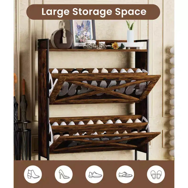 Chic Crate-2-Drawer Flip-Top Shoe Cabinet Étroit | Entrée | Pieds en métal | Marron rustique | 31,5inx8,5inx39,5in