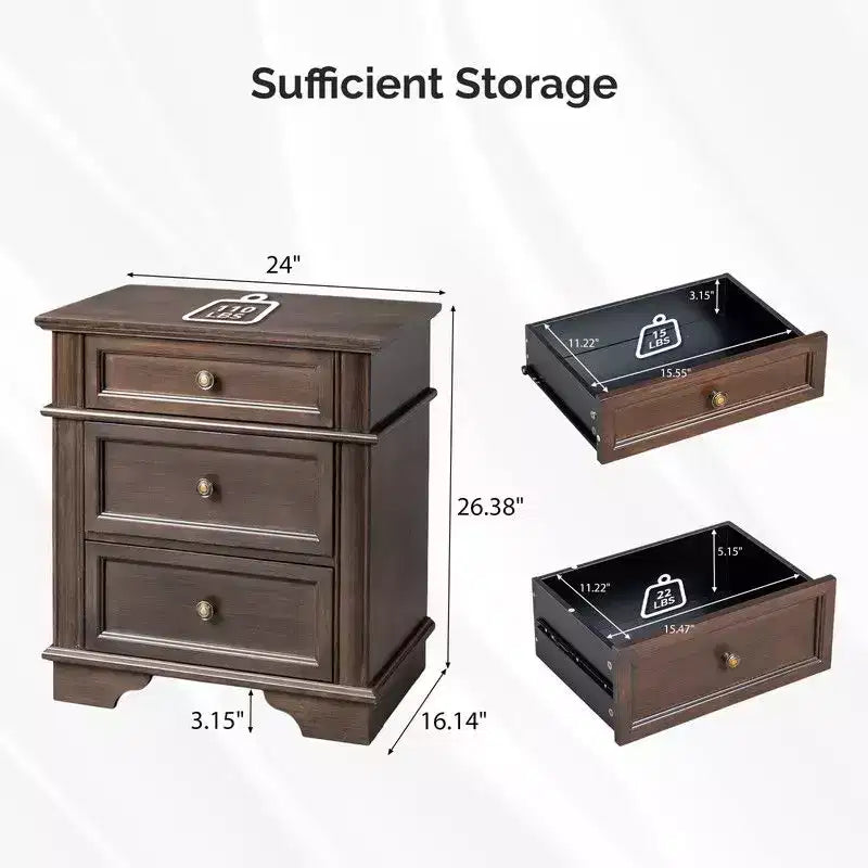 Karl Home - Table de chevet 24,02 po (61 cm) de large en bois massif à 3 tiroirs avec 2 ports USB