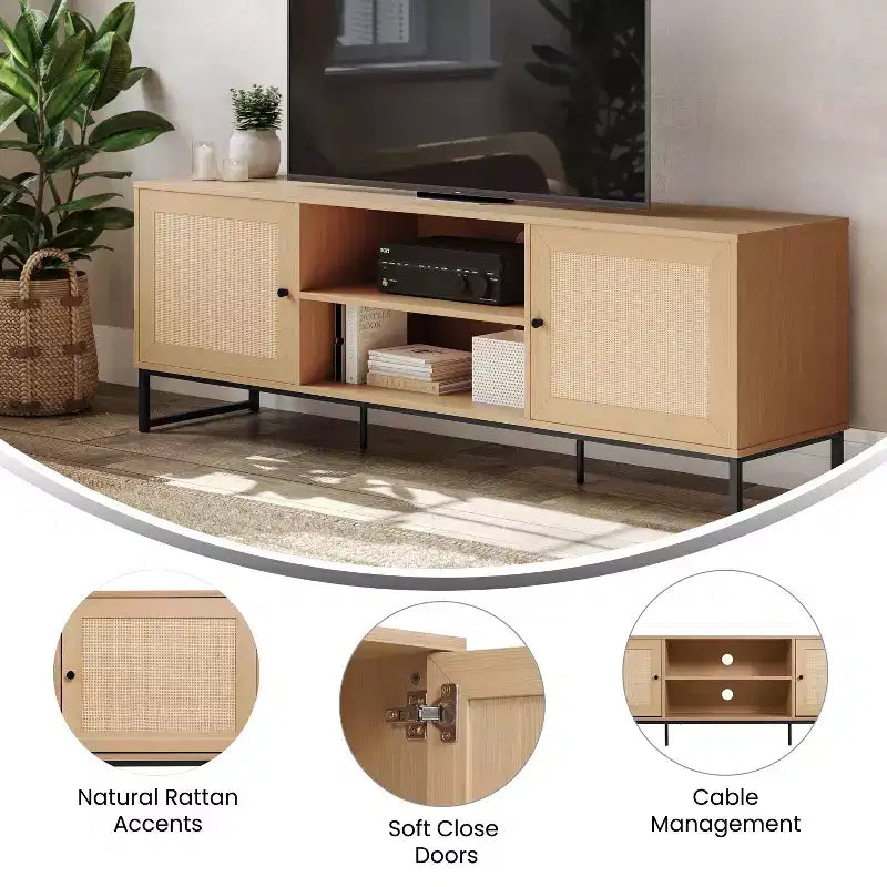 Flash Furniture Malaki Meuble TV moderne du milieu du siècle de 65 pouces avec 2 portes en rotin à fermeture douce et étagère centrale fixe, meuble TV pour téléviseurs jusqu'à 70 pouces