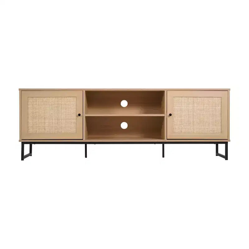 Flash Furniture Malaki Meuble TV moderne du milieu du siècle de 65 pouces avec 2 portes en rotin à fermeture douce et étagère centrale fixe, meuble TV pour téléviseurs jusqu'à 70 pouces